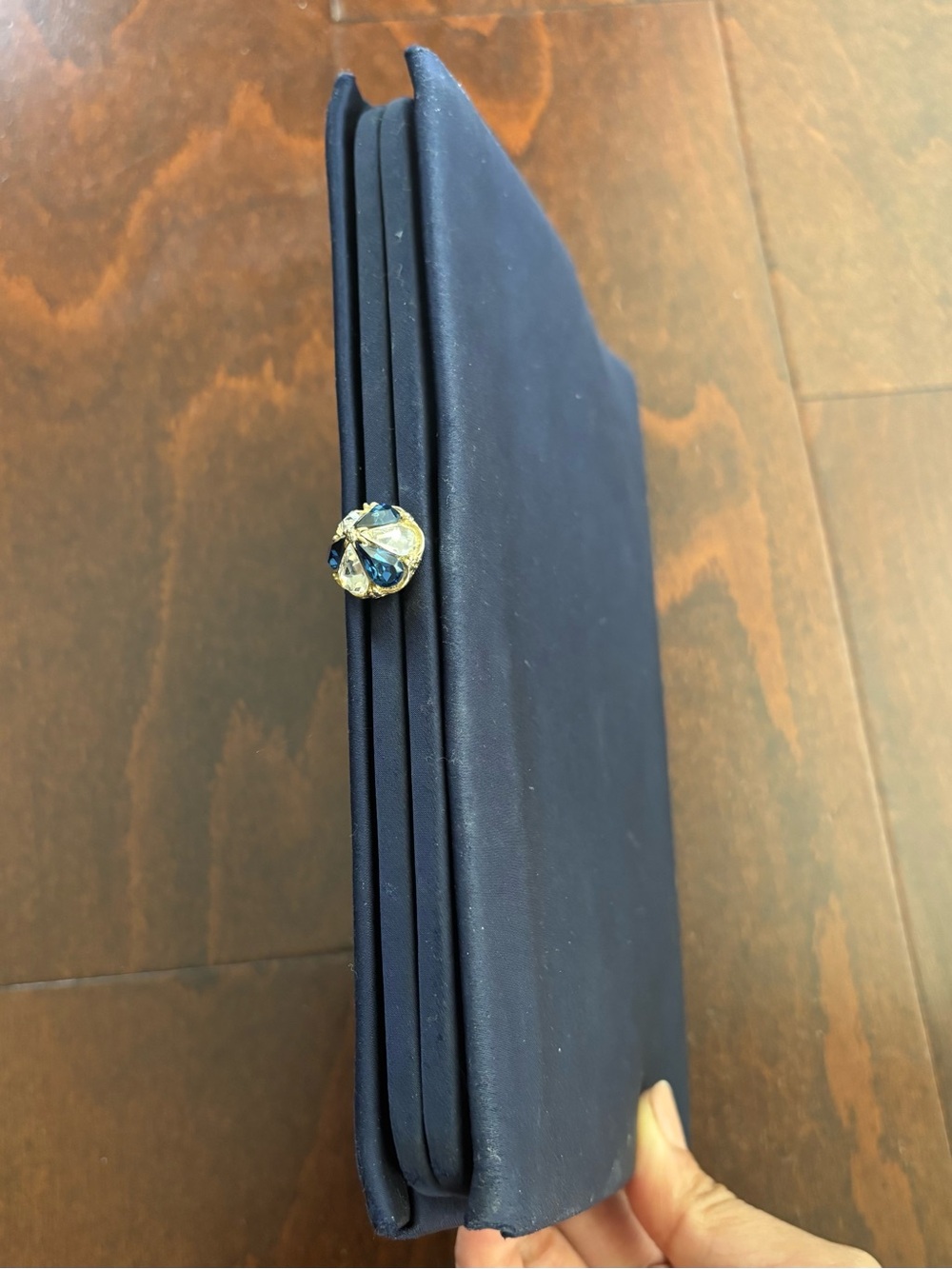 Vintage L&M Spot-lite Clutch, Navy with signature rhinestone jewel clasp closure